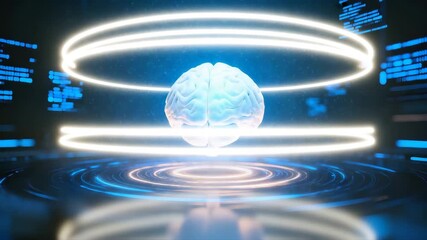 Floating brain rotates as flashing neural pathways and expanding light rings pulse outward in a futuristic digital space. Ideal for ai, neuroscience, data visualization and high-tech conceptual - Powered by Adobe