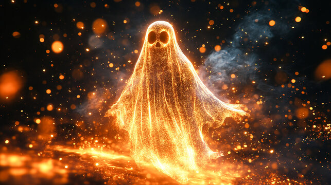 Glowing flying ghost surrounded by sparkling golden particles, Halloween theme, spooky season illustration, playful supernatural artwork, festive digital art 