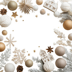 An array of Christmas decorations artfully arranged in a circular design, creating a cheerful, holiday-themed frame, with space for a personalized message.