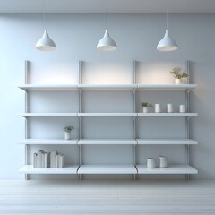 Clean lines and understated elegance converge as three sleek, pendant lights illuminate an inviting arrangement of shelves with minimalist decor