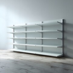 A minimalist composition highlighting an empty shelf unit, mounted against a plain wall