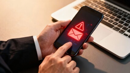 Person holding smartphone with warning symbol on email notification, laptop in background