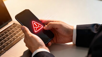 Person holding smartphone with glowing red triangular warning symbol on screen, near laptop