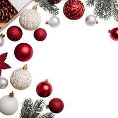 An eye-level shot captures a collection of Christmas ornaments, including shimmering baubles and festive sprigs