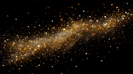 A dazzling display of golden glitter particles floating against a stark black background creating magic on Black background