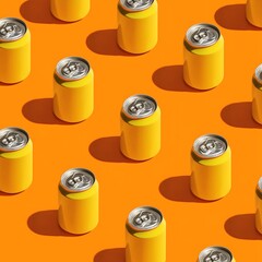 A dynamic array of vibrant yellow beverage cans forms a striking pattern against a bold orange backdrop.