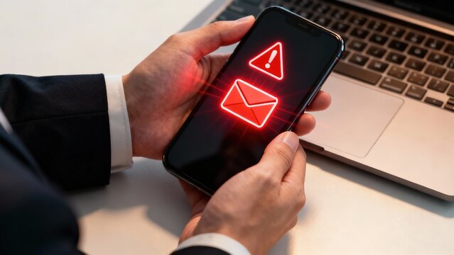Person holding smartphone with red warning and email icons displayed on screen