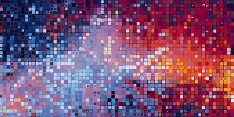 Digital mosaic features a vibrant gradient transition from cool blue tones to warm red and orange hues.