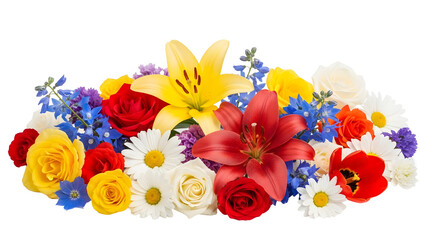 Vibrant bouquet of various fresh flowers including roses lilies daisies tulips and delphinium blossoms