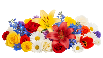 Vibrant bouquet of various fresh flowers including roses lilies daisies tulips and delphinium blossoms