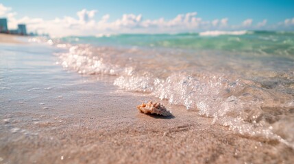 Seashell rests on sandy beach as gentle waves wash ashore under a clear blue sky