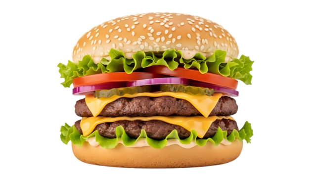 Double cheeseburger with lettuce tomato onion and pickles on a sesame seed bun, cutout, PNG isolated on transparent background
