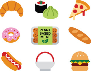 Flat food icon collection featuring plant-based meat, bakery items, sushi, pizza slice, burger, hotdog, noodle bowl, colorful minimalist illustration