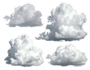 Four fluffy white clouds isolated on a black background