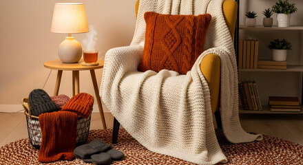 Cozy armchair draped with a warm cream knit blanket and textured rust pillow for comfort