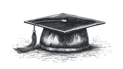 Graduation hat hand-drawn vintage engraving, detailed vector illustration, classic academic cap artwork, retro education concept, scholarly celebration design ideal 