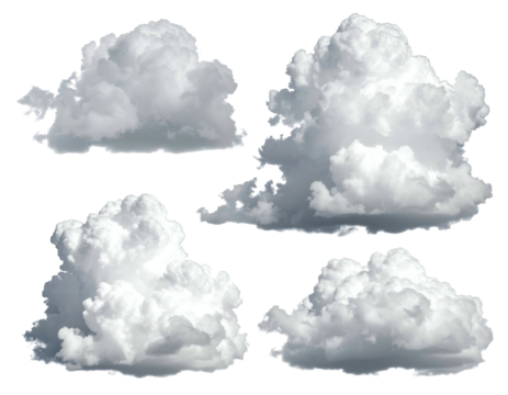 Four fluffy white clouds isolated on a black background