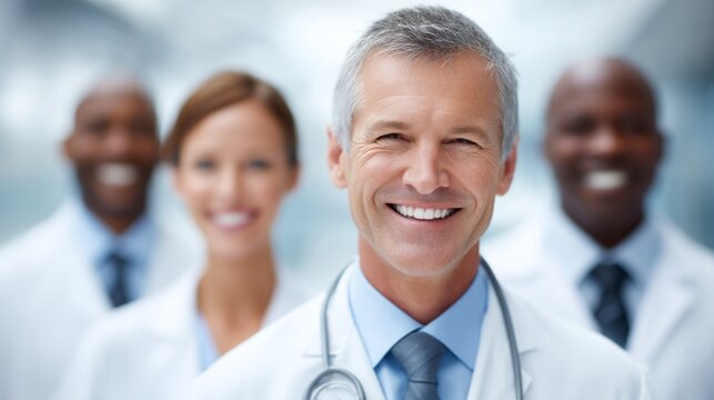 A diverse group of healthcare professionals stands proudly together in a bright clinic. Their smiles convey a commitment to patient care and teamwork as they prepare for the day's tasks