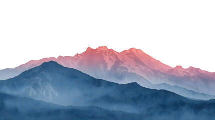 A scenic view of layered mountain ranges with pink and blue hues against a dark background at sunrise on transparent background