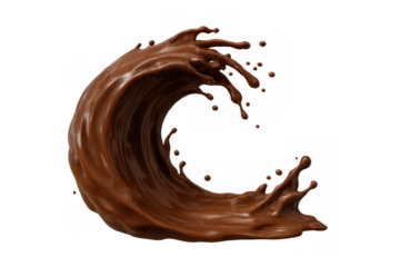 Liquid chocolate splash forming a dynamic wave with drops, rich brown cocoa dessert swirling with motion