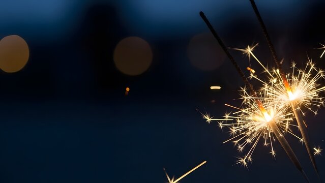 Sparkling sparklers against a dark blue bokeh background