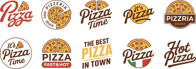 Vintage pizza logo collection featuring slices, bold typography, pizzeria branding badges, classic restaurant food icons, retro emblem set design illustration