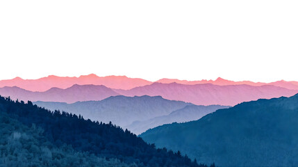 Layered mountain ranges with pink and blue hues under a dark sky creating a serene landscape view on transparent background