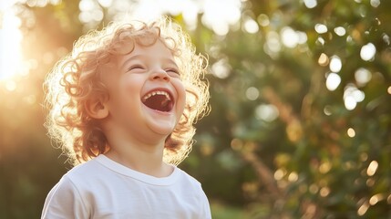 Child joyfully laughing in a sunlit garden during late afternoon