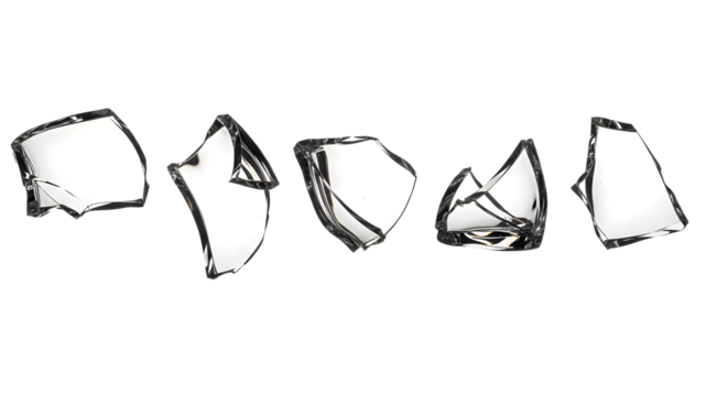 Isolated broken glass shards scattered on a white background, sharp transparent fragments for design, damage or crash effects.PNG