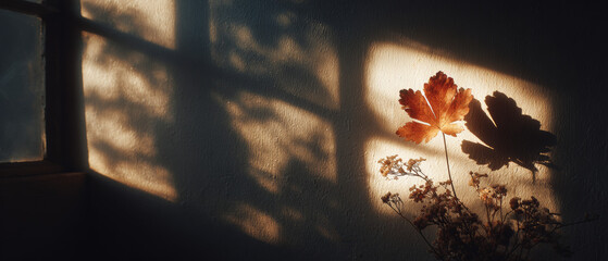 Cinematic Long Shadow of Maple Leaf Casting Drama on Dark Textured Wall in Golden Hour