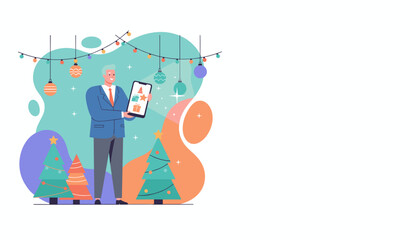Professional using tablet for holiday ecommerce amidst Christmas decorations and trees