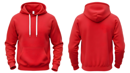 Red hoodie front and back view on white background, blank apparel mockup for fashion design, branding, and merchandise display.PNG