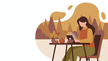 Freelance woman working on a tablet in a cozy autumn landscape Remote work vector illustration