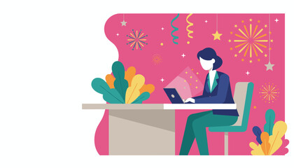 Businesswoman working on laptop celebrating professional success with festive fireworks background
