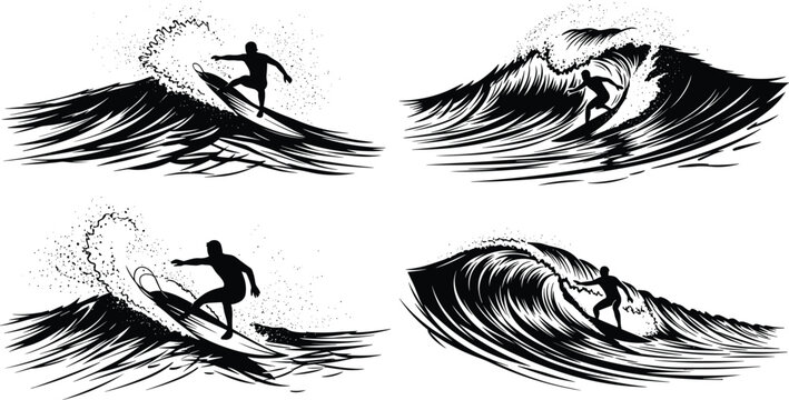 Set of four black vector silhouettes of surfers riding massive, crashing ocean waves with spray, capturing extreme action, power, and competitive watersports.