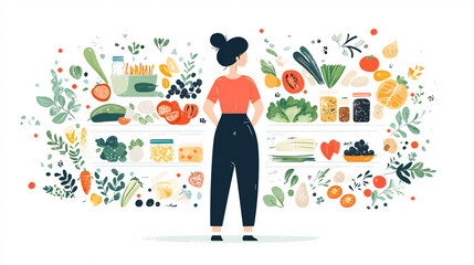 Healthy meal planning concept with daily food ingredients list, tiny person illustration, weekly eating schedule for slimming, detox, and wellness, calorie counting, clean modern vector design ideal 