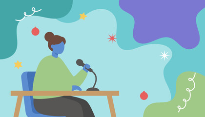 Public speaker illustration Woman with microphone festive abstract background for digital media