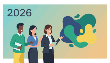 Diverse business team planning 2026 strategy with abstract modern graphics and teamwork