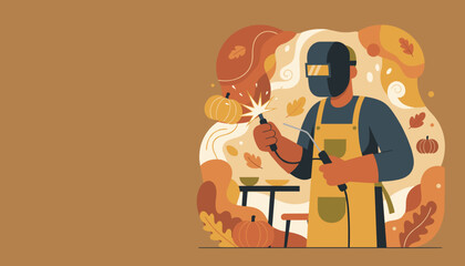 Welder in mask and apron making autumn art with a pumpkin Craftsmanship and fall season concept