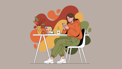 Young woman checks phone while working at home desk Autumnal WFH digital communication