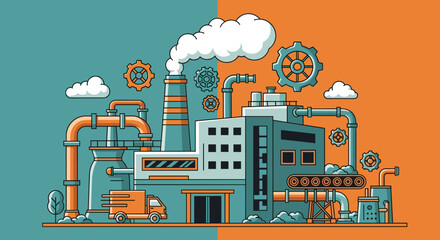 Fototapeta premium Industrial factory illustration production logistics and manufacturing processes with pipes and gears