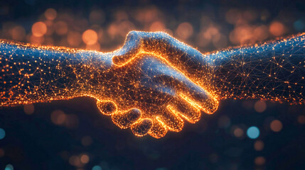 Holographic robotic arm handshake with glowing tech particles on a dark blurred background, futuristic sci-fi concept, digital technology illustration, modern cyber wallpaper design