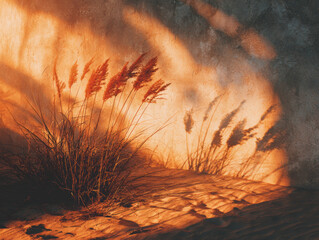 Cinematic Long Shadow of Maple Leaf Casting Drama on Dark Textured Wall in Golden Hour