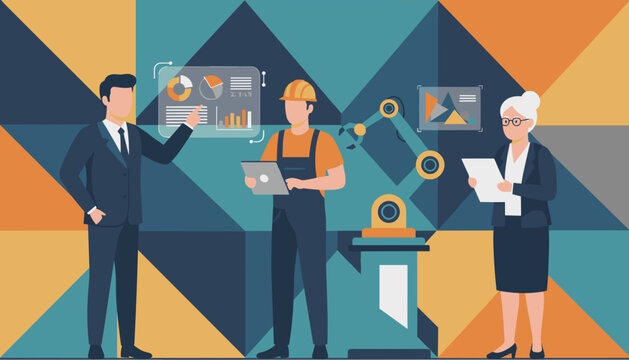 Executive team and engineer reviewing manufacturing data and robotic automation plan