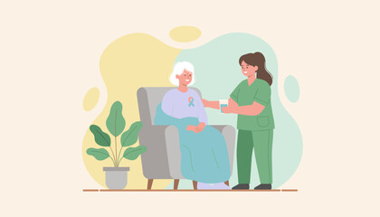 Caregiver assists senior patient with an illness awareness ribbon symbolizing professional compassion and health support