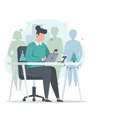 Business professional working at a desk in a festive office balancing holiday spirit and workflow