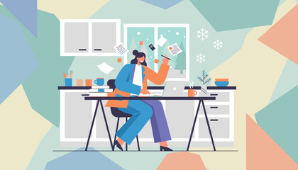 Joyful remote work and creative flow during a snowy winter day in a home office setting