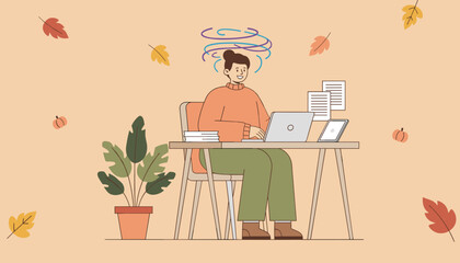 Creative work flow state illustration Happy person focused on laptop in a cozy autumn home office