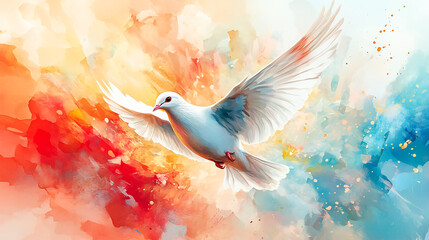 Holy Spirit dove on an abstract colorful watercolor backdrop, vibrant digital art painting, spiritual Christian illustration, bright devotional artwork ideal  