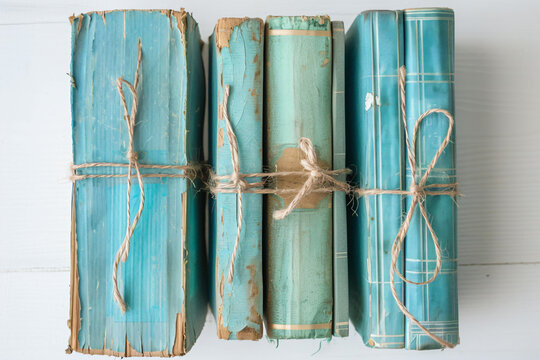 a stack of books tied up to a wall - Powered by Adobe